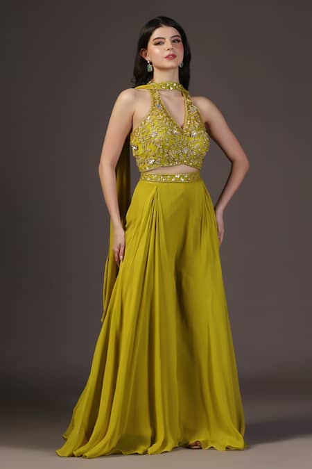 Two Sisters By Gyans_Green Georgette, Crepe, Net Sequins, Embroidery Halter Neck Sharara Set _at_Aza_Fashions