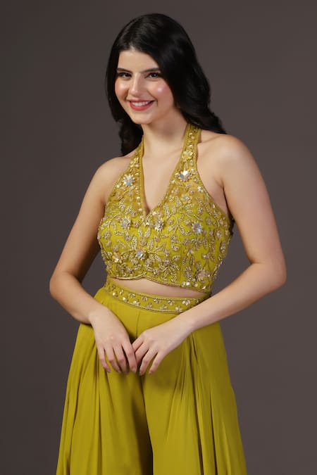 Shop Two Sisters By Gyans Green Georgette, Crepe, Net Sequins, Embroidery Halter Neck Sharara Set Shop_Two Sisters By Gyans_Green Georgette, Crepe, Net Sequins, Embroidery Halter Neck Sharara Set