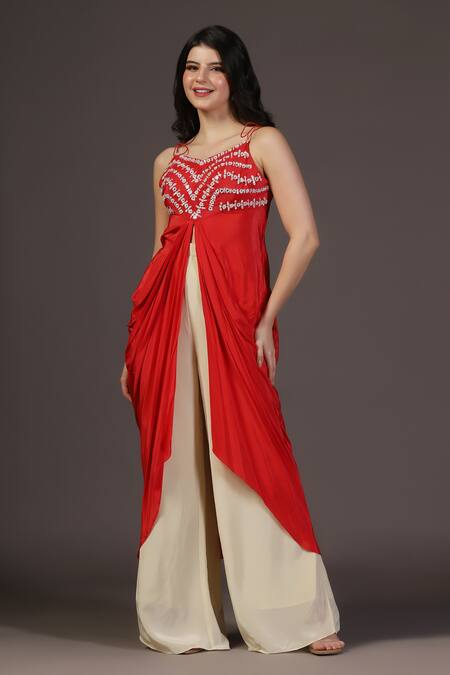 Two Sisters By Gyans_Red Crepe Embroidery Scoop Neck Tunic And Palazzo Set _Online_at_Aza_Fashions