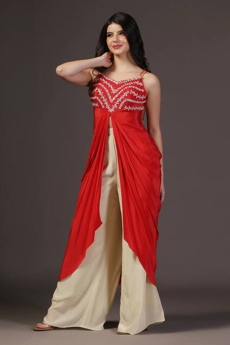 Buy_Two Sisters By Gyans_Red Crepe Embroidery Scoop Neck Tunic And Palazzo Set _Online_at_Aza_Fashions