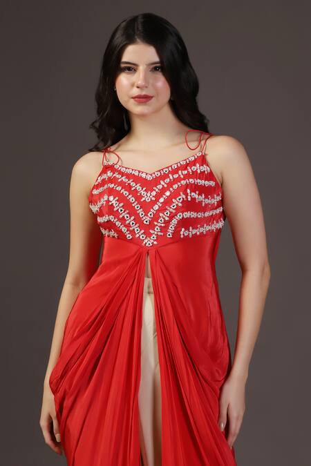 Shop_Two Sisters By Gyans_Red Crepe Embroidery Scoop Neck Tunic And Palazzo Set 