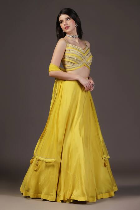 Two Sisters By Gyans_Yellow Crepe Sequins, Beads Sweetheart Neck Designer Lehenga Set _Online_at_Aza_Fashions