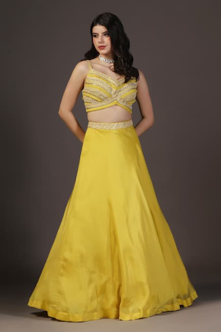 Buy_Two Sisters By Gyans_Yellow Crepe Sequins, Beads Sweetheart Neck Designer Lehenga Set _Online_at_Aza_Fashions