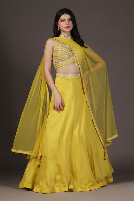 Shop_Two Sisters By Gyans_Yellow Crepe Sequins, Beads Sweetheart Neck Designer Lehenga Set _Online_at_Aza_Fashions
