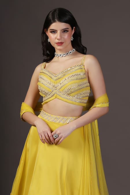 Buy_Two Sisters By Gyans_Yellow Crepe Sequins, Beads Sweetheart Neck Designer Lehenga Set 
