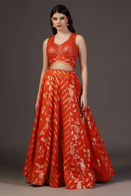Two Sisters By Gyans_Orange Silk Embroidery, Tassels, Zari Round Neck Designer Banarasi Lehenga Set _Online_at_Aza_Fashions
