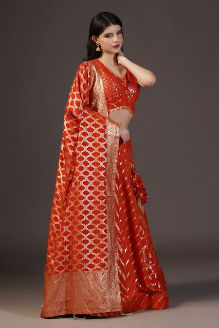 Buy_Two Sisters By Gyans_Orange Silk Embroidery, Tassels, Zari Round Neck Designer Banarasi Lehenga Set _Online_at_Aza_Fashions