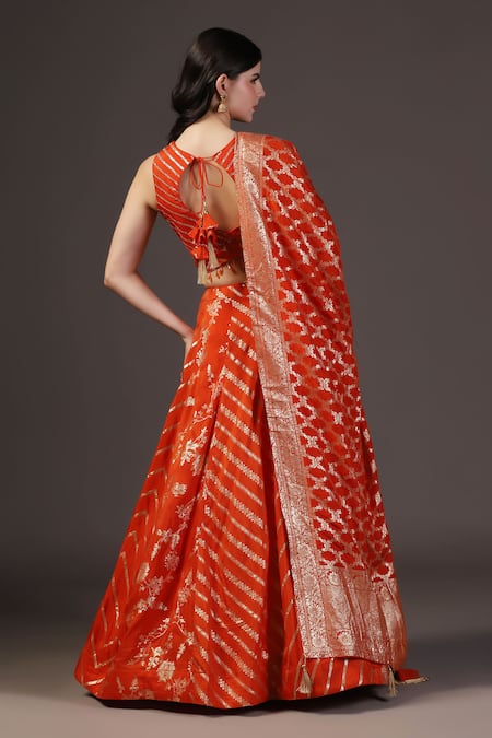 Shop_Two Sisters By Gyans_Orange Silk Embroidery, Tassels, Zari Round Neck Designer Banarasi Lehenga Set _at_Aza_Fashions