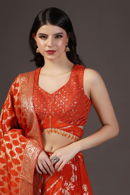 Two Sisters By Gyans_Orange Silk Embroidery, Tassels, Zari Round Neck Designer Banarasi Lehenga Set _at_Aza_Fashions