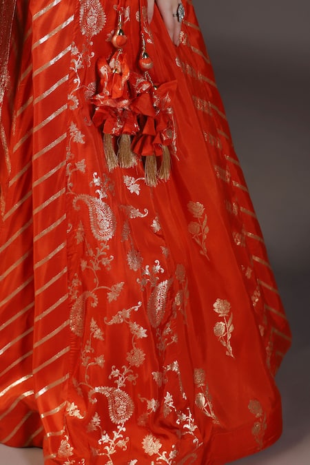 Buy_Two Sisters By Gyans_Orange Silk Embroidery, Tassels, Zari Round Neck Designer Banarasi Lehenga Set 