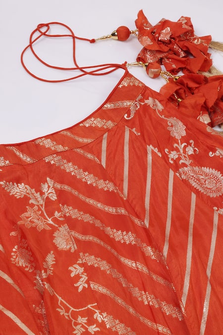 Shop_Two Sisters By Gyans_Orange Silk Embroidery, Tassels, Zari Round Neck Designer Banarasi Lehenga Set 