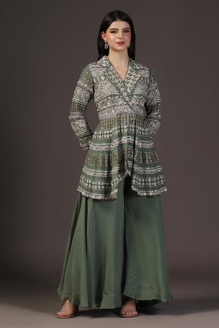 Two Sisters By Gyans_Green Georgette Embroidery V-neck Peplum Jacket And Sharara Set _Online_at_Aza_Fashions