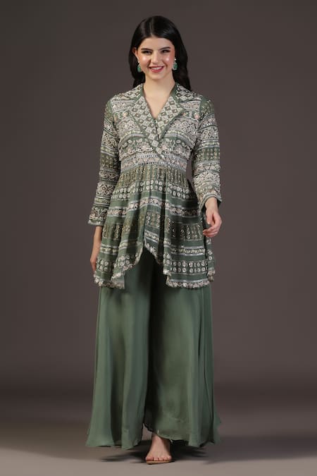 Buy_Two Sisters By Gyans_Green Georgette Embroidery V-neck Peplum Jacket And Sharara Set _Online_at_Aza_Fashions