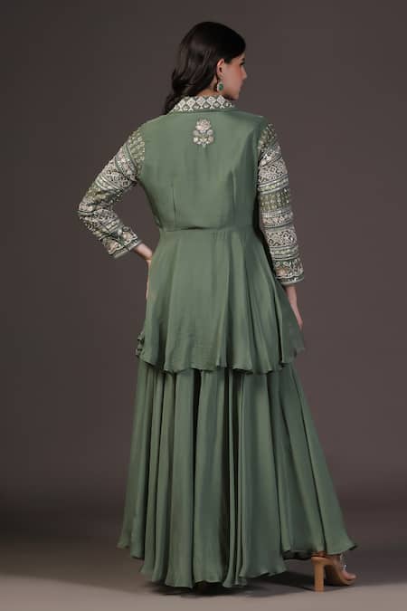Shop_Two Sisters By Gyans_Green Georgette Embroidery V-neck Peplum Jacket And Sharara Set _at_Aza_Fashions