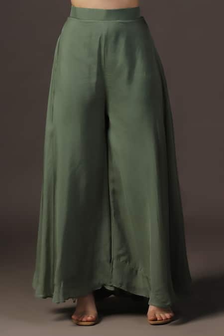 Shop_Two Sisters By Gyans_Green Georgette Embroidery V-neck Peplum Jacket And Sharara Set _Online_at_Aza_Fashions