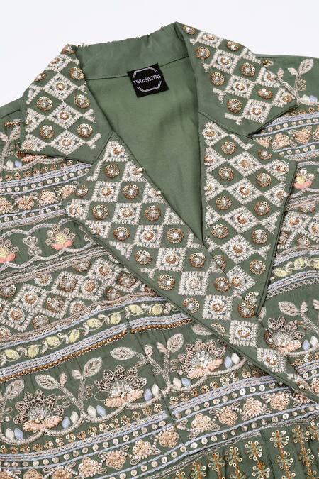 Buy Two Sisters By Gyans Green Georgette Embroidery V-neck Peplum Jacket And Sharara Set Buy_Two Sisters By Gyans_Green Georgette Embroidery V-neck Peplum Jacket And Sharara Set