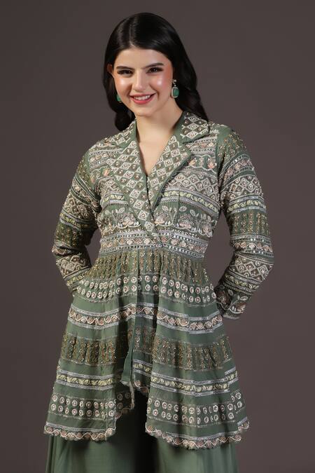 Shop_Two Sisters By Gyans_Green Georgette Embroidery V-neck Peplum Jacket And Sharara Set 