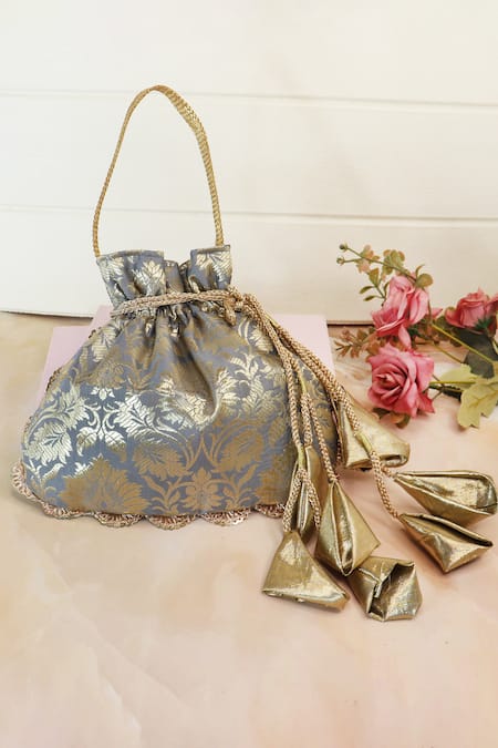 Soho Boho Studio By Aarti Thakur Designer Grey Banarasi Silk Potli Bag 