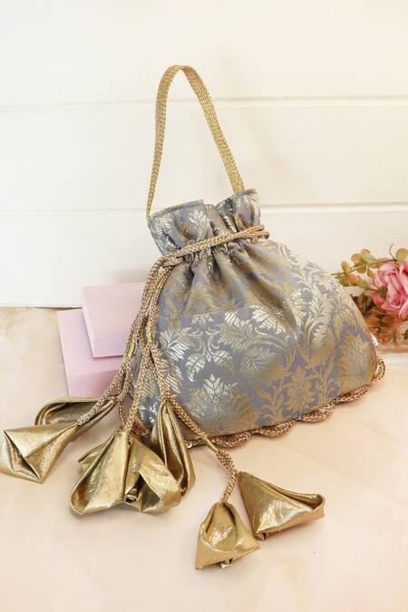 Soho Boho Studio By Aarti Thakur_Gray Embroidery, Tassels Designer Grey Banarasi Silk Potli Bag _Online_at_Aza_Fashions