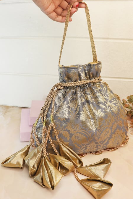 Soho Boho Studio By Aarti Thakur Designer Grey Banarasi Silk Potli Bag 