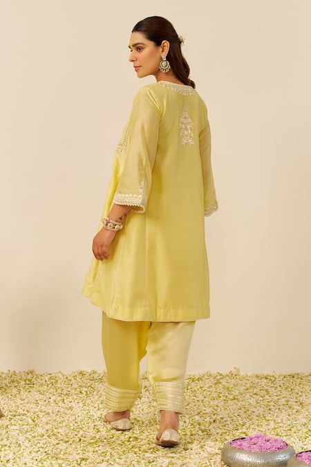 Shop Sheetal Batra Yellow Chanderi Silk, Satin Embroidery Round Neck Lemon Chauga And Salwar Set at Aza Fashions Shop_Sheetal Batra_Yellow Chanderi Silk, Satin Embroidery Round Neck Lemon Chauga And Salwar Set _at_Aza_Fashions