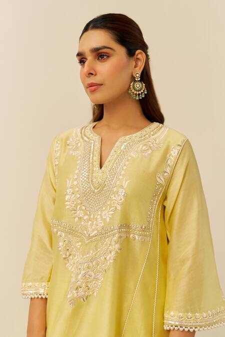 Sheetal Batra Yellow Chanderi Silk, Satin Embroidery Round Neck Lemon Chauga And Salwar Set Online at Aza Fashions Sheetal Batra_Yellow Chanderi Silk, Satin Embroidery Round Neck Lemon Chauga And Salwar Set _Online_at_Aza_Fashions