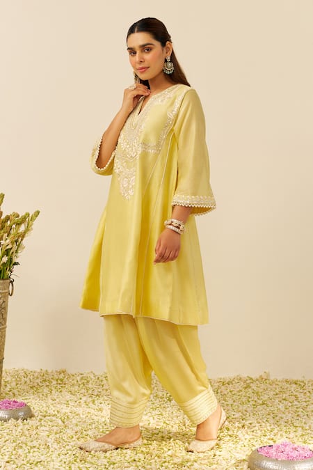 Buy Sheetal Batra Yellow Chanderi Silk, Satin Embroidery Round Neck Lemon Chauga And Salwar Set Online at Aza Fashions Buy_Sheetal Batra_Yellow Chanderi Silk, Satin Embroidery Round Neck Lemon Chauga And Salwar Set _Online_at_Aza_Fashions
