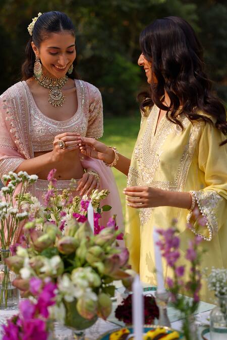 Sheetal Batra Yellow Chanderi Silk, Satin Embroidery Round Neck Lemon Chauga And Salwar Set at Aza Fashions Sheetal Batra_Yellow Chanderi Silk, Satin Embroidery Round Neck Lemon Chauga And Salwar Set _at_Aza_Fashions