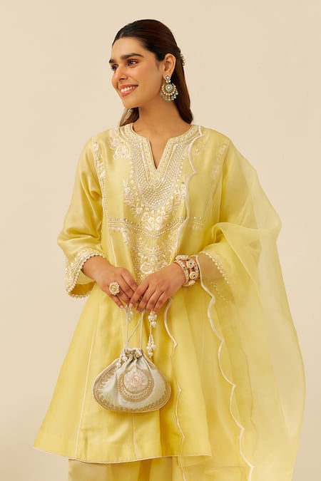 Sheetal Batra Lemon Yellow Chanderi Silk Kurta Set 
