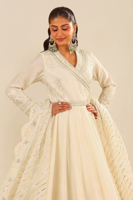 Shop Sheetal Batra Ivory , Chanderi, Organza Embroidery V-neck Designer Anarkali Kurta Set at Aza Fashions Shop_Sheetal Batra_Ivory , Chanderi, Organza Embroidery V-neck Designer Anarkali Kurta Set _at_Aza_Fashions