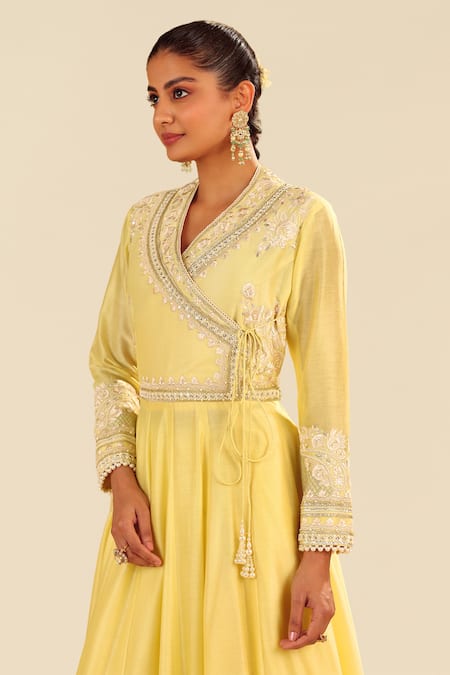 Sheetal Batra Yellow Silk, Chanderi Embroidery, Sequins V-neck Lemon Anarkali And Skirt Set Online at Aza Fashions Sheetal Batra_Yellow Silk, Chanderi Embroidery, Sequins V-neck Lemon Anarkali And Skirt Set _Online_at_Aza_Fashions