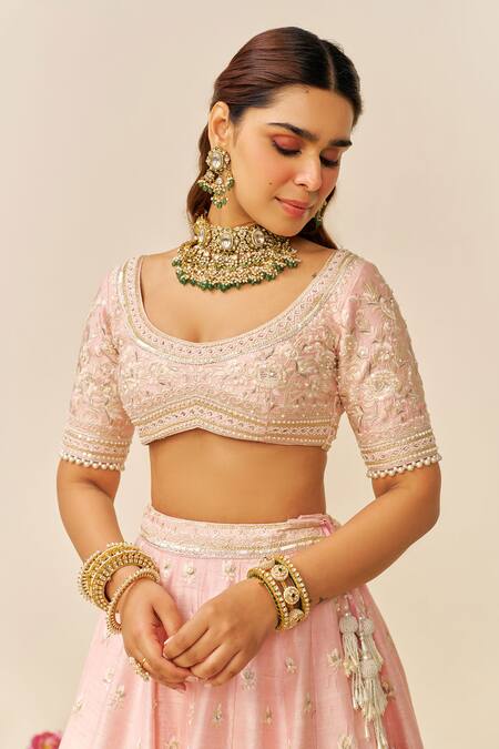 Sheetal Batra_Blush Rayon, , Organza Sequins, Embroidery Round Neck Pink Lehenga Set _Online_at_Aza_Fashions