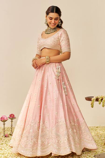 Buy_Sheetal Batra_Blush Rayon, , Organza Sequins, Embroidery Round Neck Pink Lehenga Set _Online_at_Aza_Fashions
