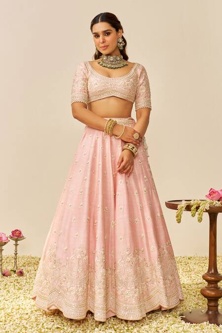 Shop_Sheetal Batra_Blush Rayon, , Organza Sequins, Embroidery Round Neck Pink Lehenga Set _Online_at_Aza_Fashions