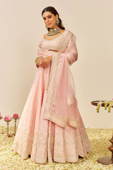 Sheetal Batra_Blush Rayon, , Organza Sequins, Embroidery Round Neck Pink Lehenga Set _at_Aza_Fashions