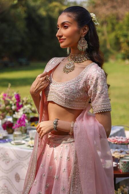 Buy_Sheetal Batra_Blush Rayon, , Organza Sequins, Embroidery Round Neck Pink Lehenga Set 