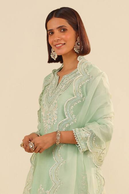 Shop Sheetal Batra Mint Chanderi , Satin, Organza Embroidery Round Neck Green Kurta Set at Aza Fashions Shop_Sheetal Batra_Mint Chanderi , Satin, Organza Embroidery Round Neck Green Kurta Set _at_Aza_Fashions