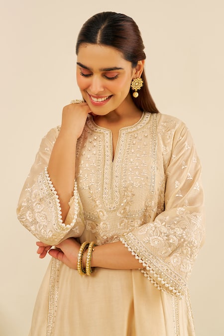 Sheetal Batra Beige Chanderi Silk Embroidery Round Neck Kurta Set Online at Aza Fashions Sheetal Batra_Beige Chanderi Silk Embroidery Round Neck Kurta Set _Online_at_Aza_Fashions