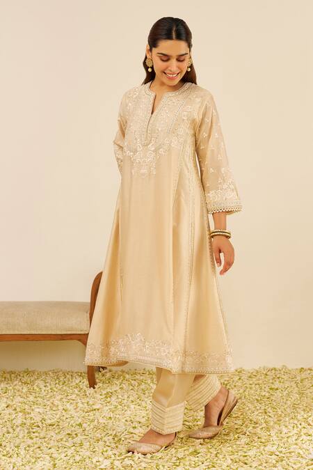 Buy Sheetal Batra Beige Chanderi Silk Embroidery Round Neck Kurta Set Online at Aza Fashions Buy_Sheetal Batra_Beige Chanderi Silk Embroidery Round Neck Kurta Set _Online_at_Aza_Fashions