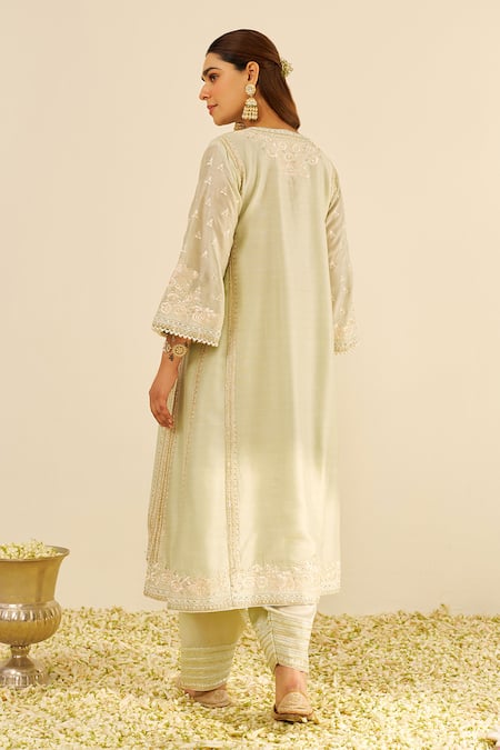 Shop Sheetal Batra Mint Chanderi Silk Embroidery Split V-neck Green Kurta And Salwar Set at Aza Fashions Shop_Sheetal Batra_Mint Chanderi Silk Embroidery Split V-neck Green Kurta And Salwar Set _at_Aza_Fashions