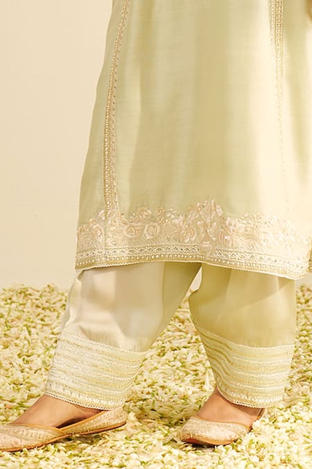 Sheetal Batra Mint Chanderi Silk Embroidery Split V-neck Green Kurta And Salwar Set Online at Aza Fashions Sheetal Batra_Mint Chanderi Silk Embroidery Split V-neck Green Kurta And Salwar Set _Online_at_Aza_Fashions