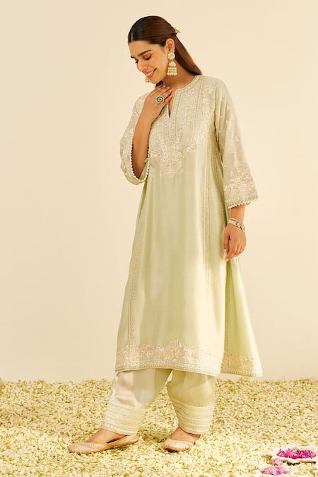 Buy Sheetal Batra Mint Chanderi Silk Embroidery Split V-neck Green Kurta And Salwar Set Online at Aza Fashions Buy_Sheetal Batra_Mint Chanderi Silk Embroidery Split V-neck Green Kurta And Salwar Set _Online_at_Aza_Fashions
