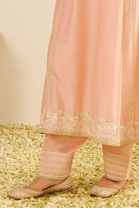 Sheetal Batra_Pink Chanderi Silk, Satin Embroidery, Pearls Split Off Rose Kurta And Salwar Set _Online_at_Aza_Fashions