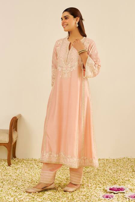 Buy_Sheetal Batra_Pink Chanderi Silk, Satin Embroidery, Pearls Split Off Rose Kurta And Salwar Set _Online_at_Aza_Fashions