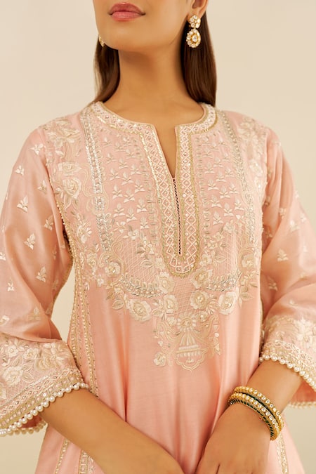 Shop_Sheetal Batra_Pink Chanderi Silk, Satin Embroidery, Pearls Split Off Rose Kurta And Salwar Set _Online_at_Aza_Fashions