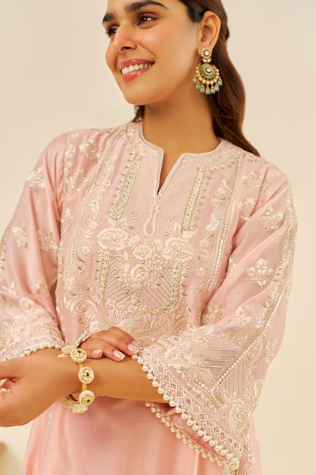 Buy Sheetal Batra Blush Chanderi Silk Pearls Split V-neck Embroidered Pink Kurta Set Online at Aza Fashions Buy_Sheetal Batra_Blush Chanderi Silk Pearls Split V-neck Embroidered Pink Kurta Set _Online_at_Aza_Fashions