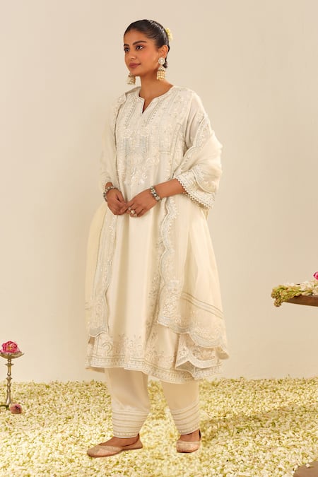 Shop Sheetal Batra Ivory Chanderi , Satin, Organza Embroidery Daisy Chauga Kurta Set at Aza Fashions Shop_Sheetal Batra_Ivory Chanderi , Satin, Organza Embroidery Daisy Chauga Kurta Set _at_Aza_Fashions