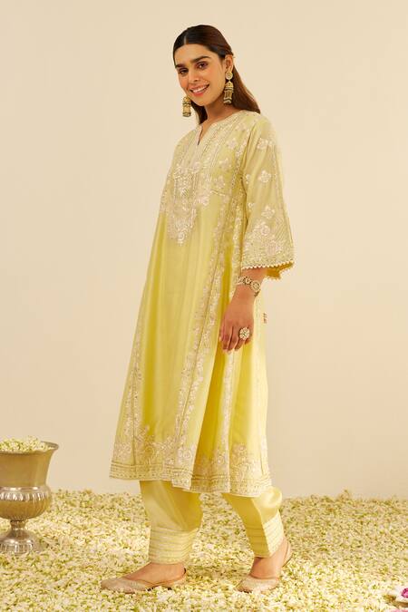 Sheetal Batra Yellow Chanderi Silk, Satin Embroidery Split V-neck Lemon Kurta Set Online at Aza Fashions Sheetal Batra_Yellow Chanderi Silk, Satin Embroidery Split V-neck Lemon Kurta Set _Online_at_Aza_Fashions