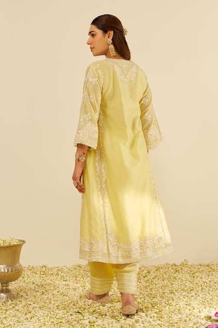 Shop Sheetal Batra Yellow Chanderi Silk, Satin Embroidery Split V-neck Lemon Kurta Set at Aza Fashions Shop_Sheetal Batra_Yellow Chanderi Silk, Satin Embroidery Split V-neck Lemon Kurta Set _at_Aza_Fashions
