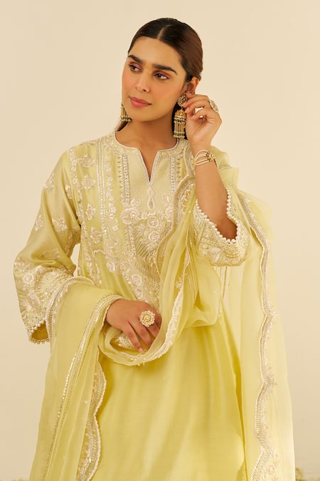 Shop Sheetal Batra Yellow Chanderi , Organza Embroidery Split V-neck Lemon Kurta Set at Aza Fashions Shop_Sheetal Batra_Yellow Chanderi , Organza Embroidery Split V-neck Lemon Kurta Set _at_Aza_Fashions